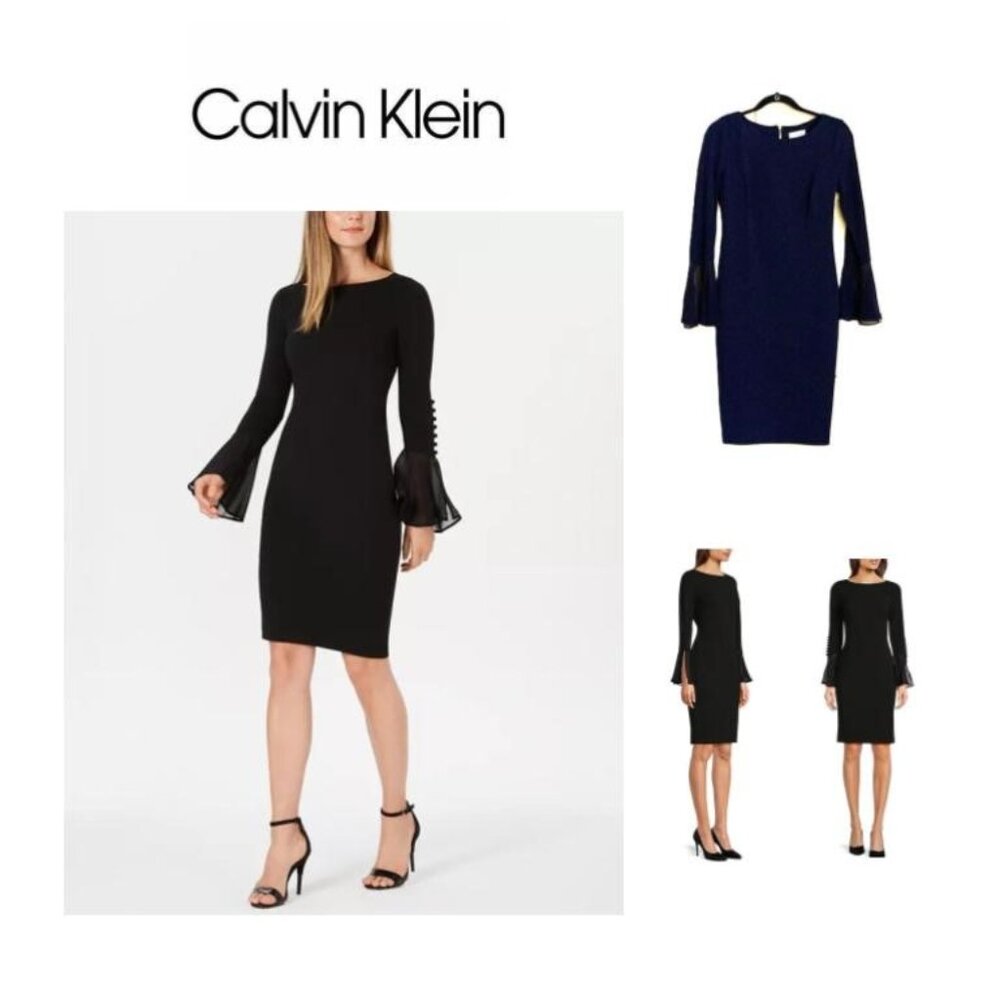 NWOT • Chiffon Bell Sleeve Sheath Dress • Indigo Blue • Size 4 • Calvin Klein